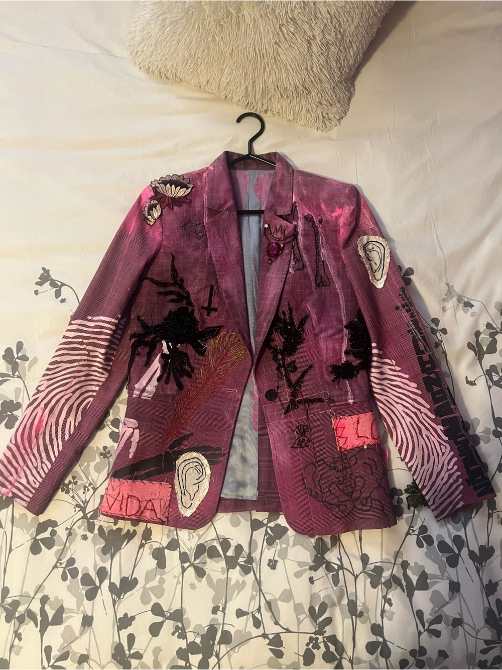 Unique Off Runway Brazilian Women’s Pink Patchwork Embroidered Blazer Jacket